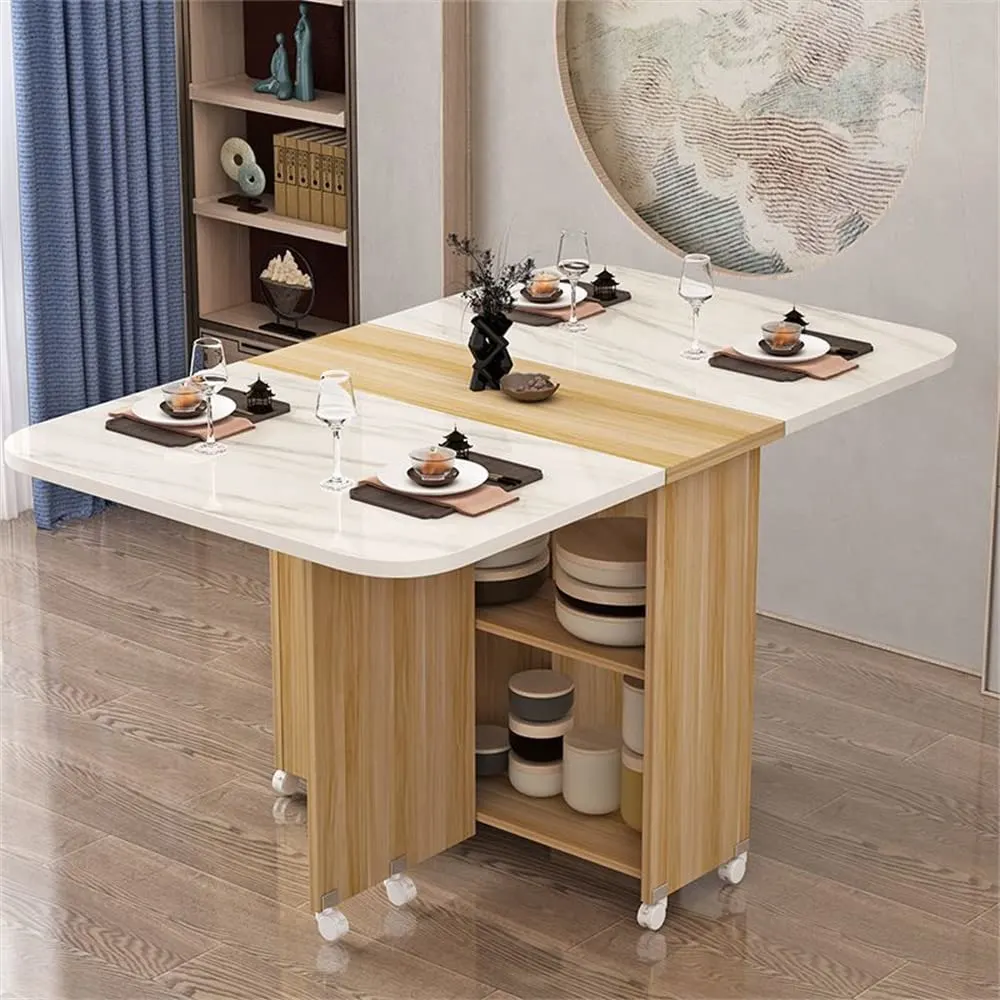 Folding Dining Table Drop Leaf Table for Small Spaces, Versatile Collapsible Dinner Kitchen Office Table with 2 Storage Racks, Space Saving Foldable Extendable Desk Dinning Room Furniture