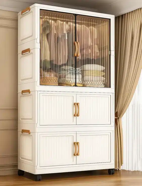 Foldable Wardrobe Storage Cabinet with Transparent Doors & Hanging Rod