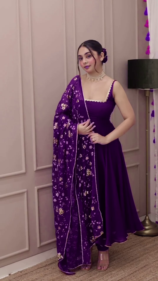 heavy purple anarkali set with embroidered dupatta