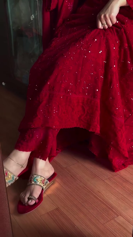 Red Sequin Embellished Kurta Palazzo Set