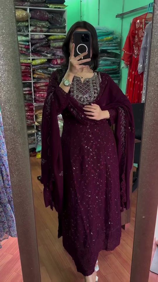 Red Sequin Embellished Kurta Palazzo Set