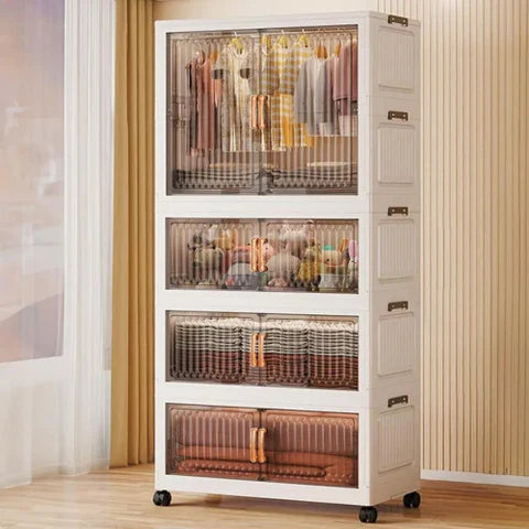 Folding Storage Box with Lid, 71L x 4 Tiers, Clear Plastic Storage Box with Door and Wheels for Kitchen, Office and Living Room, White