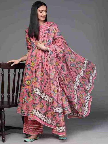 Traditional Pink Floral Printed Suit Set