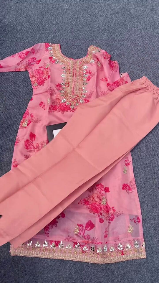 Elegant Peach Floral Embroidered Organza Kurta Set