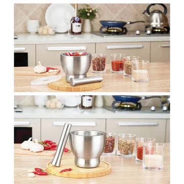 Kitchen Mortar and Pestle Grinder 304 Stainless Steel with Anti Spill Lid