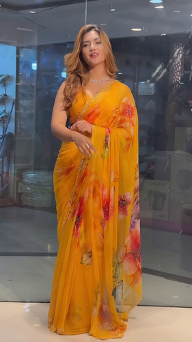 Yellow Chiffon Printed Saree
