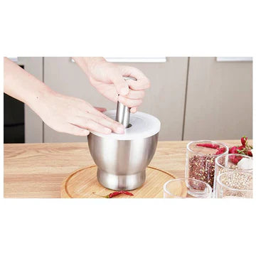 Kitchen Mortar and Pestle Grinder 304 Stainless Steel with Anti Spill Lid