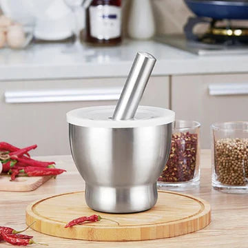 Kitchen Mortar and Pestle Grinder 304 Stainless Steel with Anti Spill Lid