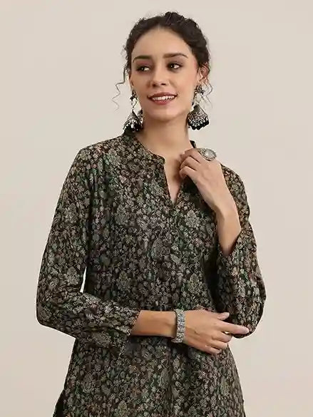 Womens Woven Design Wool Straight Kurta With Palazzos