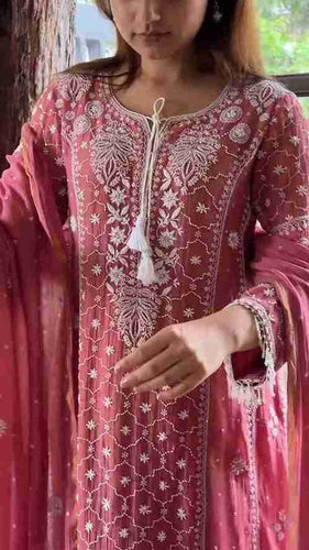 Berry Red Malmal Pearl Work Chikankari A Line Kalidar Kurta