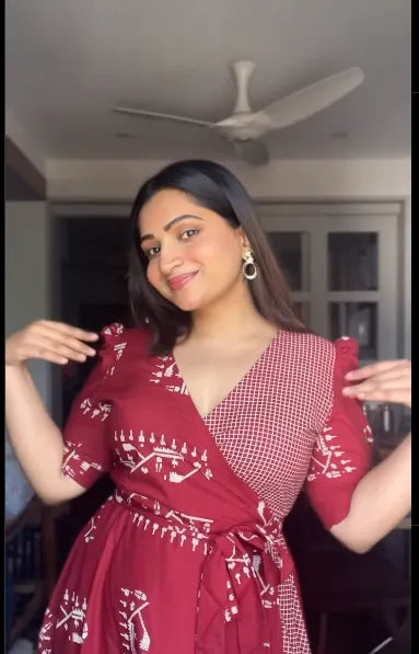 Stylish Maroon Wrap Dress with Tribal Print