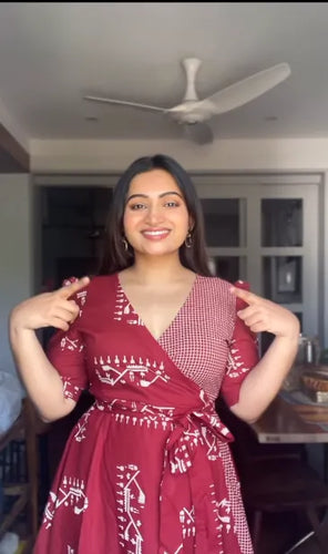 Stylish Maroon Wrap Dress with Tribal Print