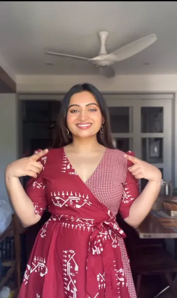 Stylish Maroon Wrap Dress with Tribal Print