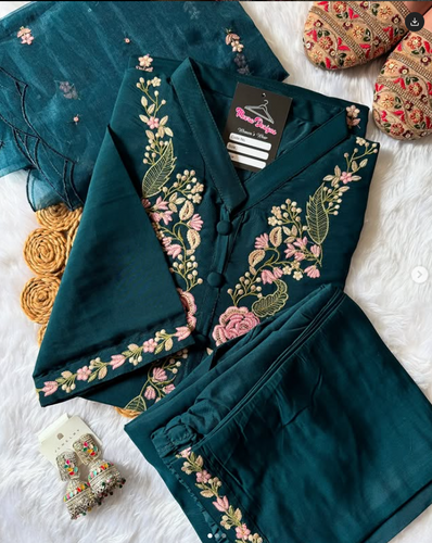 Teal Suit with Elegant Pink Floral Embroidery
