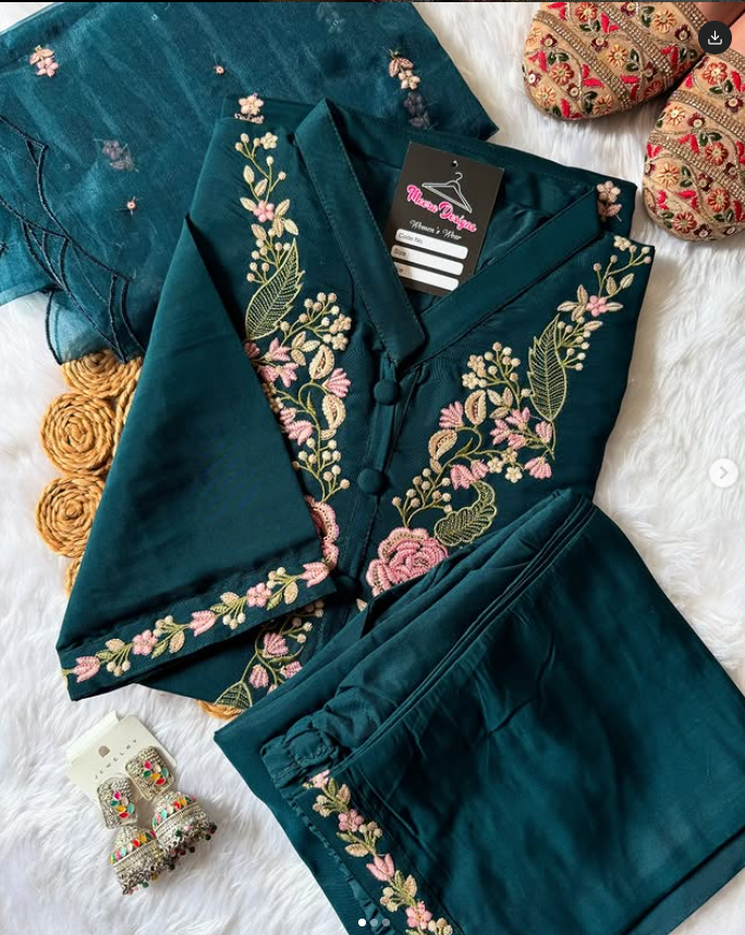 Teal Suit with Elegant Pink Floral Embroidery