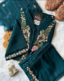 Teal Suit with Elegant Pink Floral Embroidery