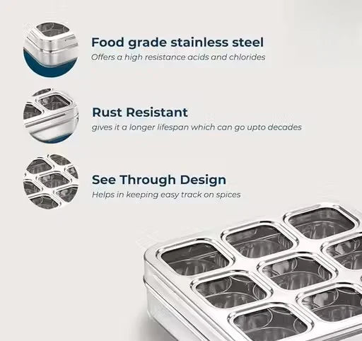 Square Stainless Steel Spice Box, Organiser With 9 Compartment