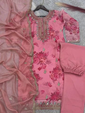 Elegant Peach Floral Embroidered Organza Kurta Set