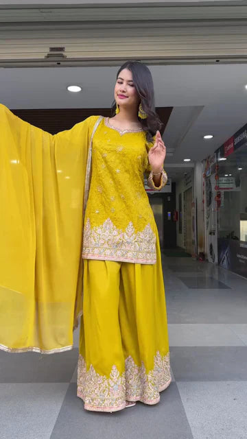 Mustard Yellow Embroidered Georgette Straight Kurti
