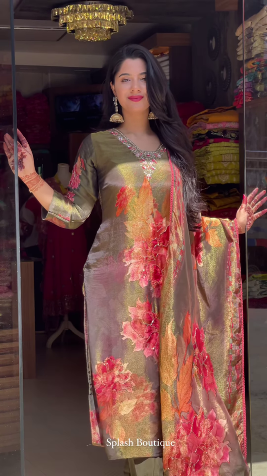 Woven Design Silk Blend Straight Kurta With Palazzos & Dupatta
