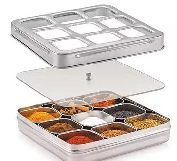 Square Stainless Steel Spice Box, Organiser With 9 Compartment