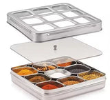 Square Stainless Steel Spice Box, Organiser With 9 Compartment