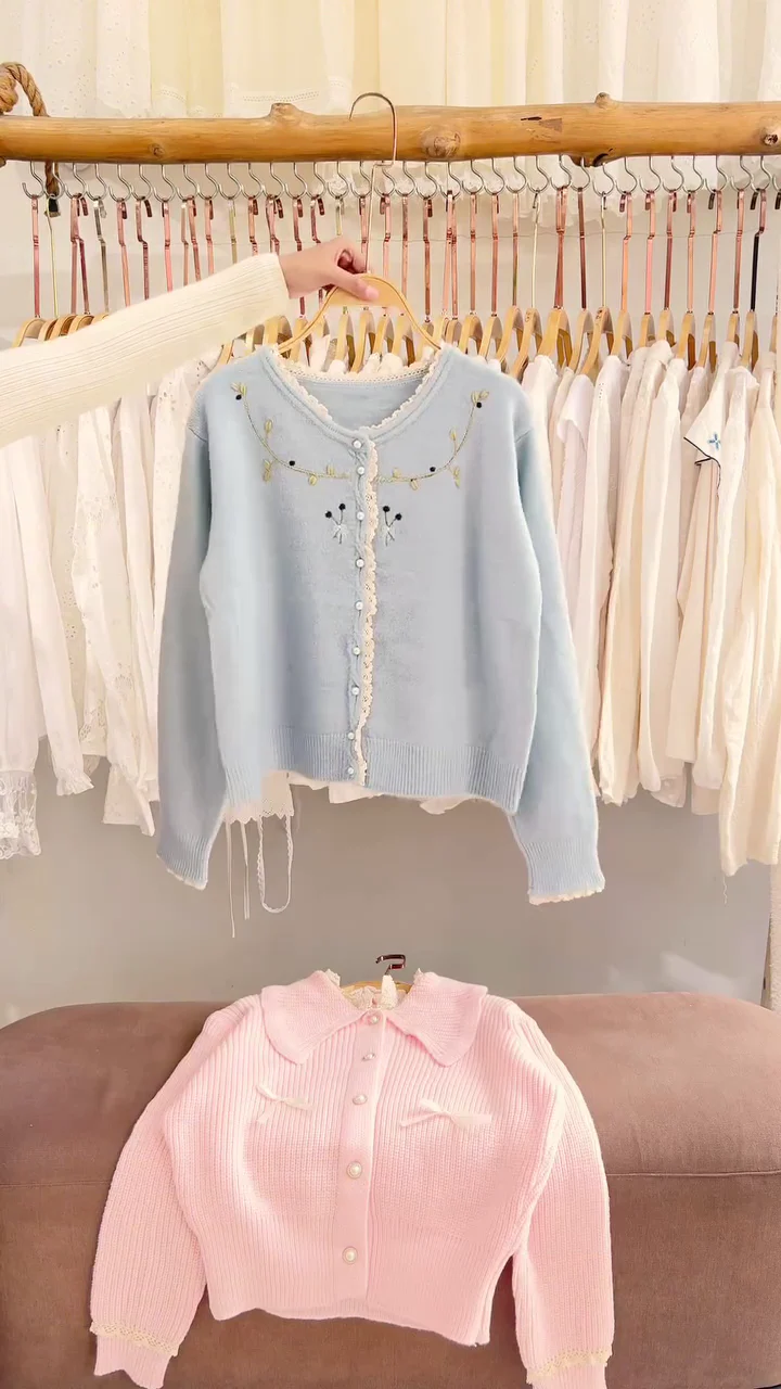 Lace-Trim Floral Embroidered Sweaters & Bow-Collar Buttoned Tops