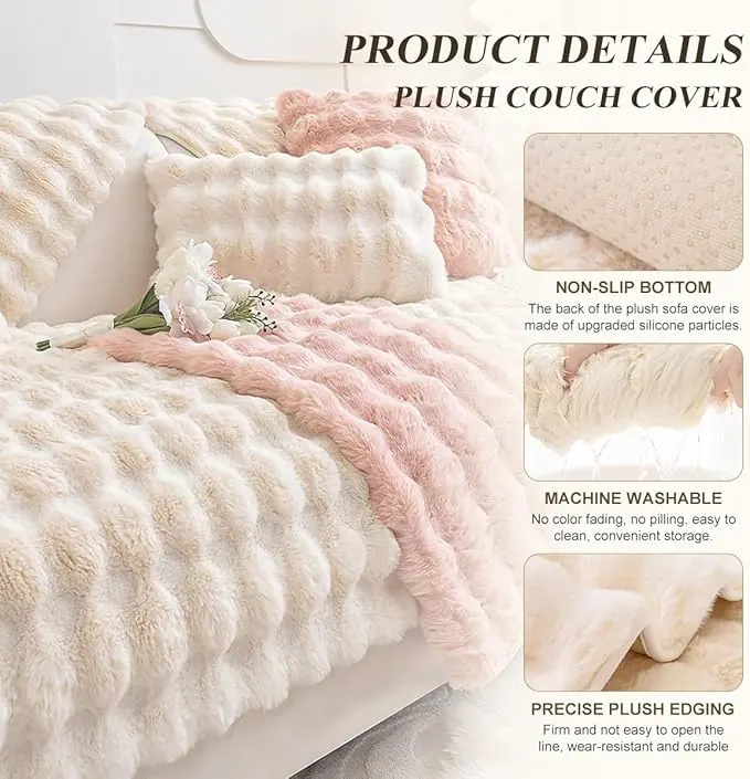Plush Couch Cover, Sectional Sofa Cushion Covers with Non-Slip Bottom